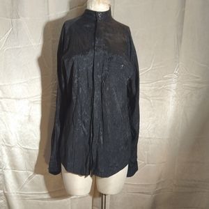 Vintage 60s Forte Rayon Polyester Black Silky Wave Textured Mandarin Collar top